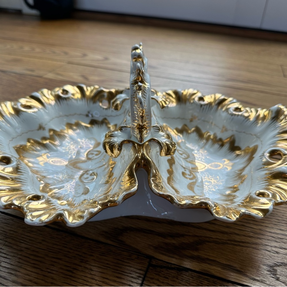 Antique gold divided dish with porcelain handle